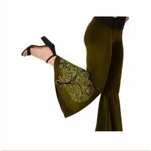 NEW GYPSY ROSE velvet tree embroidered bell boom pants in green